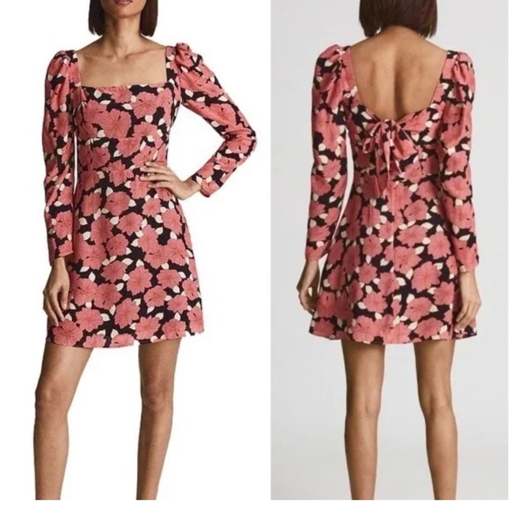 Reiss Andi Graphic Floral Pink Black Long Sleeve Mini Dress